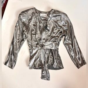 80s Vintage Young Edwardian Silver Wrap Blouse Padded Shoulders